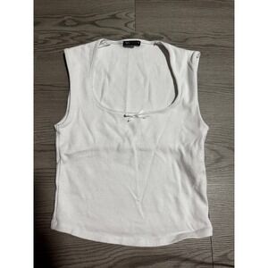 Zara White Tank Top L Square Neck Ribbed Sleeveless Bow‎ Crop Casual Women's L